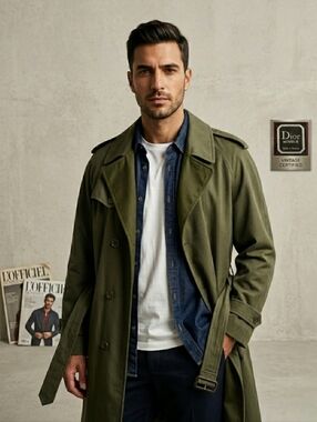 Christian Dior Monsieur Vintage Unisex Green Cotton Blend Belt Preppy Trench